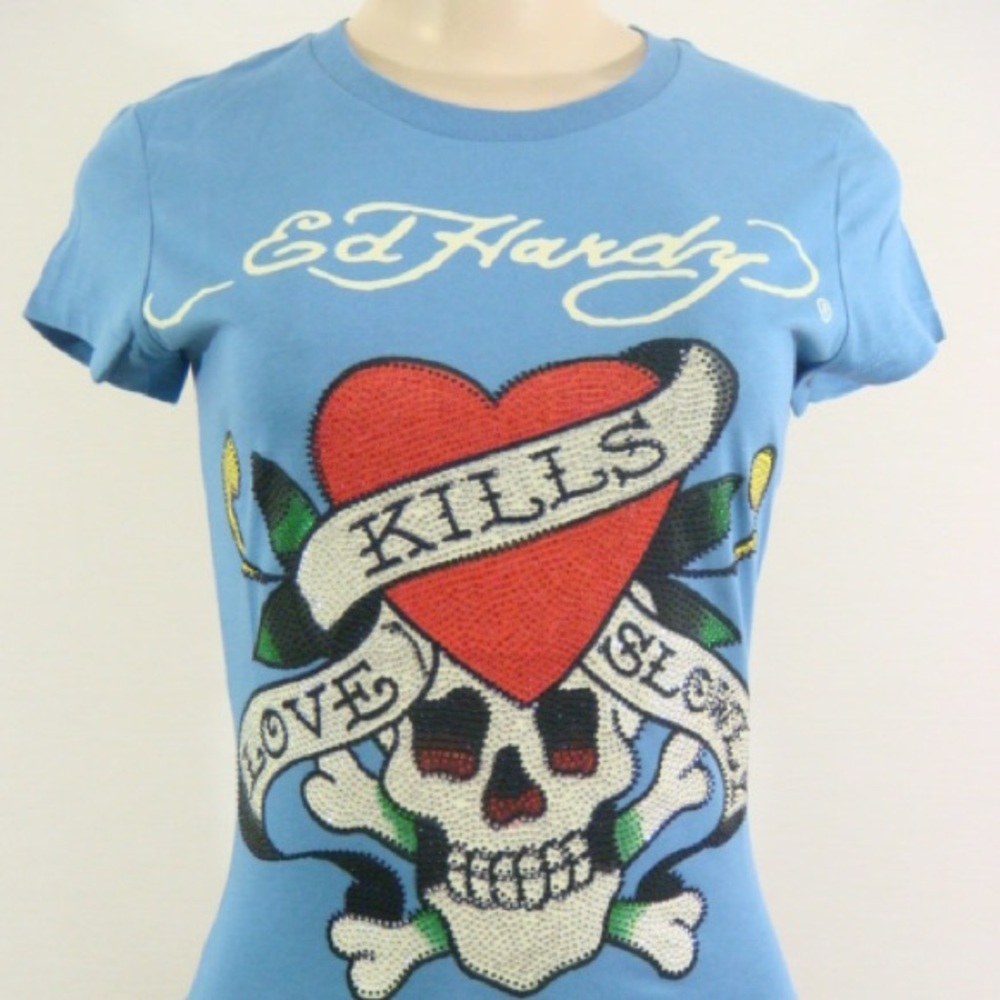 Ed Hardy Women Love Kills Slowly Blue Shirt Short Sleeve Round Neck